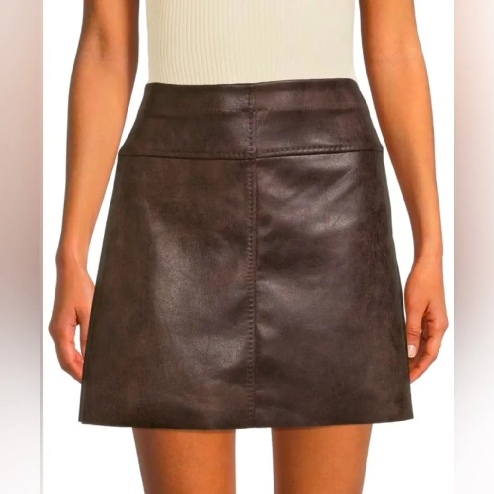 Max Studio Faux Leather Distressed Print Mini Skirt Size S Chic Edgy Moto Brown - Image 2