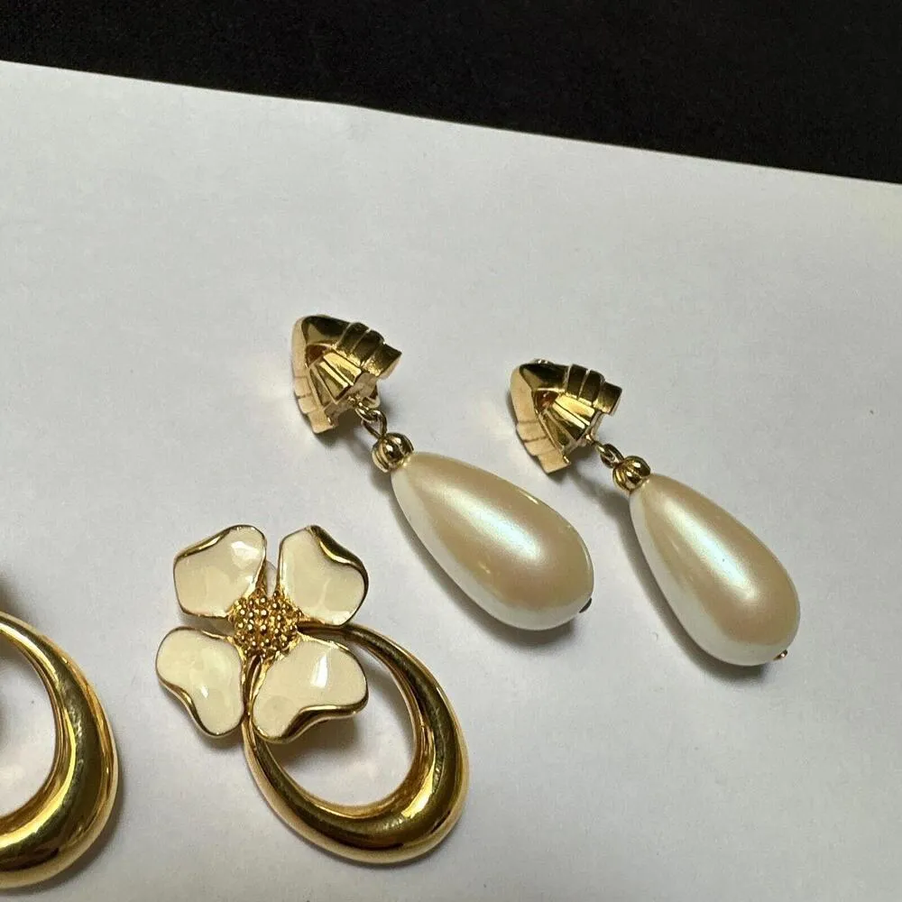 Lot Of 2 Gold Tone Dangle Clip On Earrings 1 Cream Enamel Dogwood Flower - Image 5