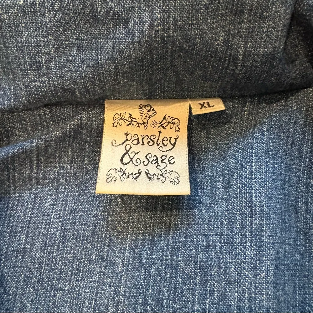 Vtg Parsley & Sage Patchwork Embroidered Brocade Tapestry Long Denim Jacket, XL Blue - Image 16