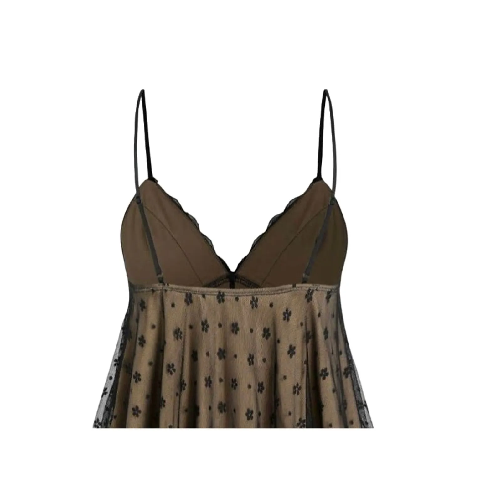 NWT Sexy Floral Lace V Neck Ruffle Cami Stretch Top Adjustable Strap M Black Tan - Image 5