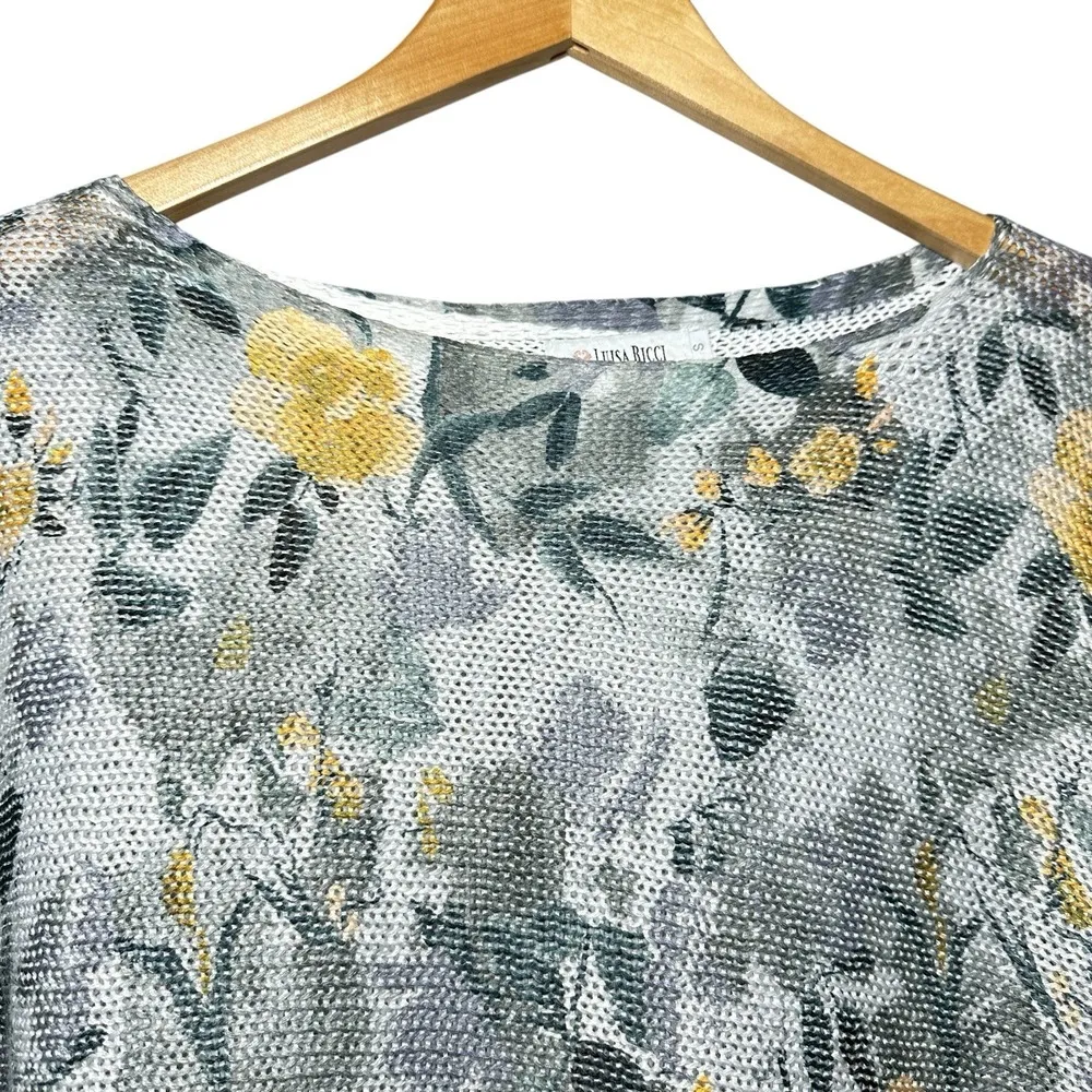 Luisa Ricci Italy Floral Knit Sweater Small Yellow Gray Dolman Lightweight Boho - Image 4