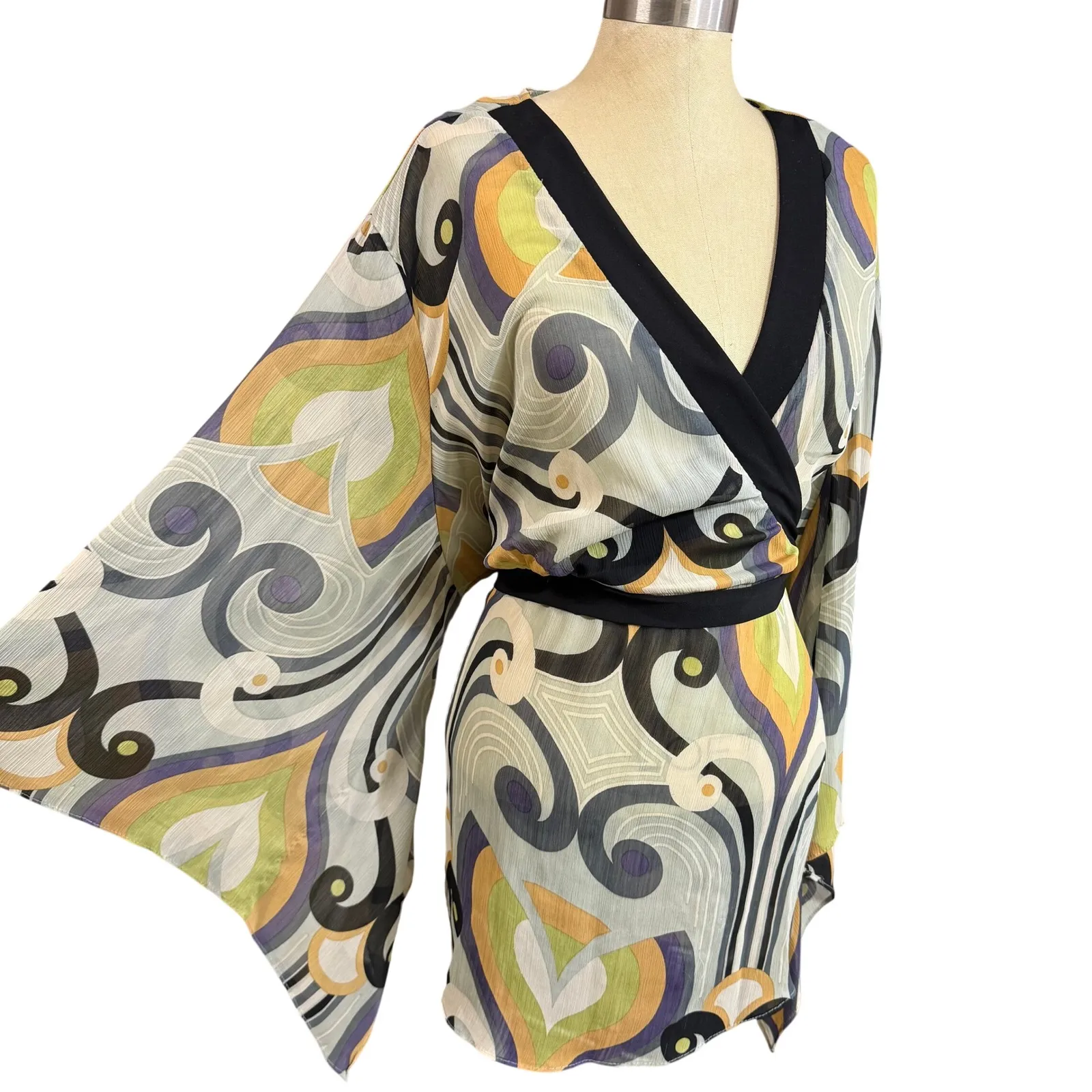 Lane Bryant 26/28 Bell Sleeve Top Abstract Sheer 70s Groovy Boho Fest Artsy Y2K - Image 2