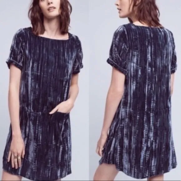Anthropologie Floreat Blue Crushed Velvet Pocket Dress X- Small - Image 2