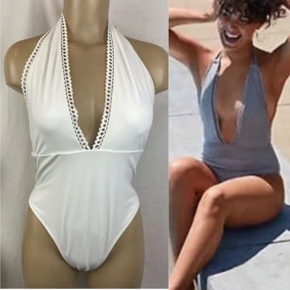 Aerie White Plunge Neck Bathingsuit Swimsuit L - Image 2