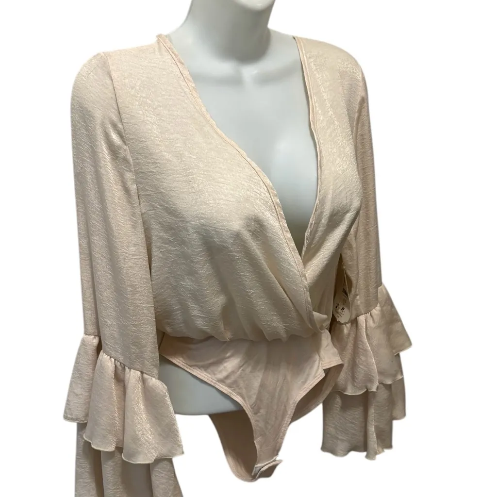 Altar’d State Silky Faux Wrap Bodysuit Sz XS Layered Bell Flowy Sleeve Ivory - Image 2