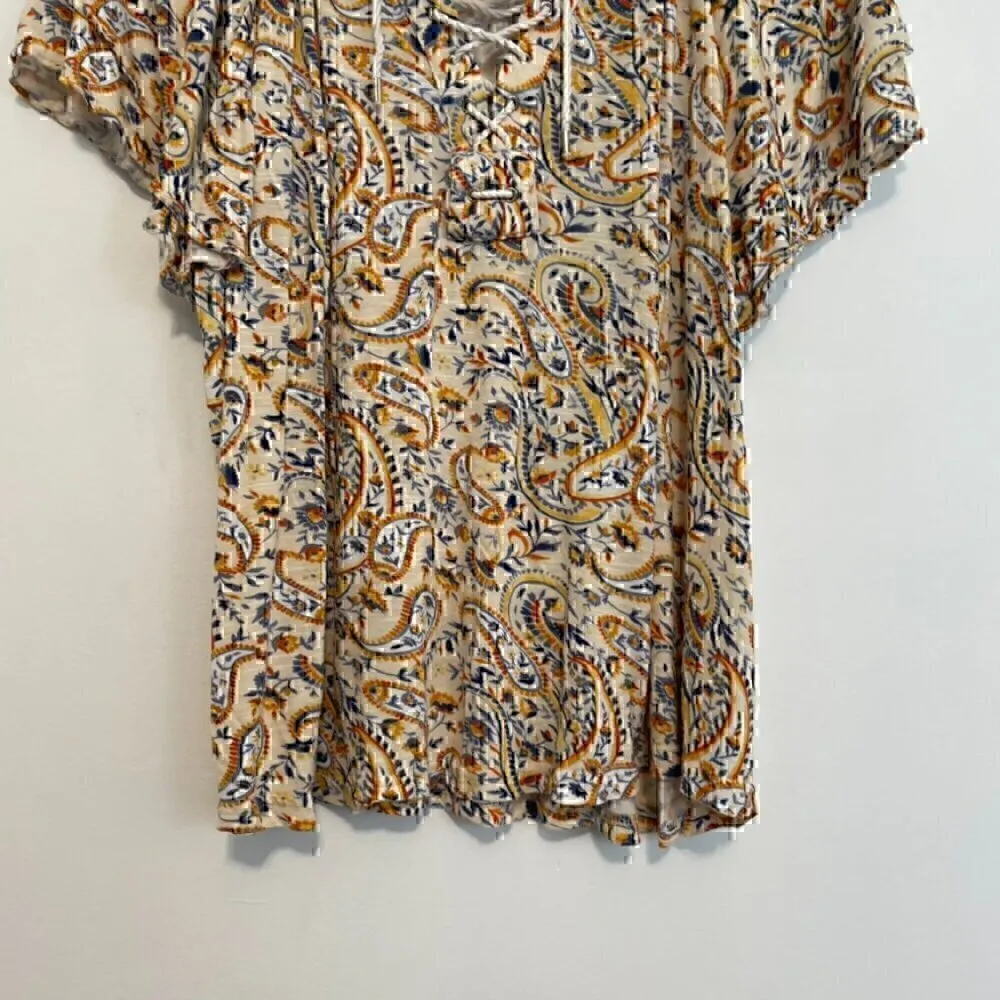 CHAPS Jersey Flutter Sleeve Top Cream Yellow Multi Paisley Lace Up Short Sleeve - Image 5