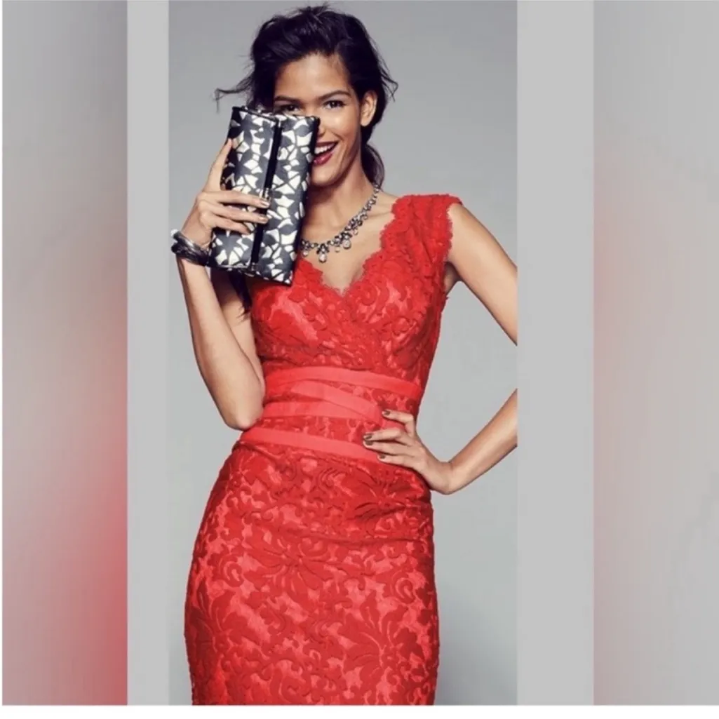 Tadashi Shoji Red Lace Pencil Dress Size 8 - Image 3