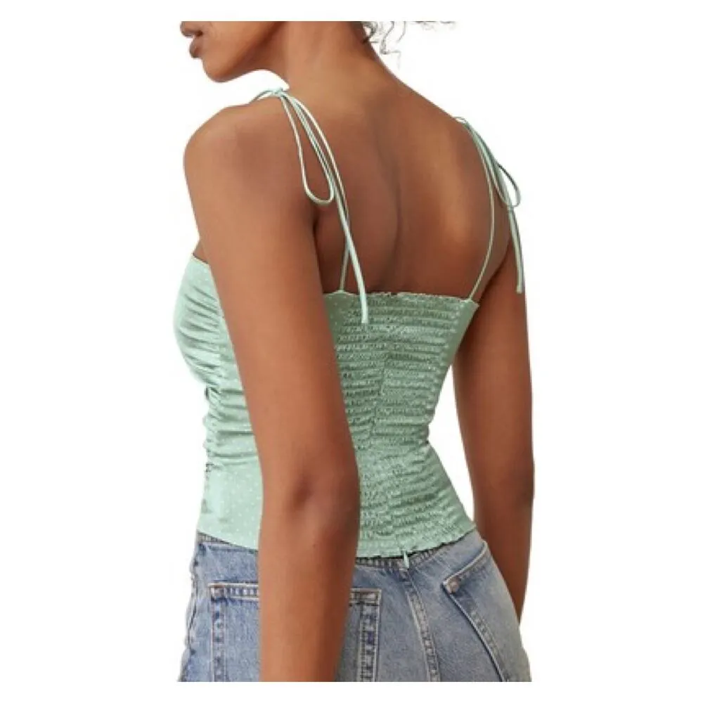 Reformation Lucrezia Teal Green Smocked Polka Dot Silk Charmeuse Top Sz.12 NWT - Image 4