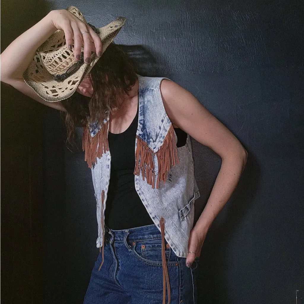 Western 80’s Stone Washed Fringe Denim Vest by Bazerk Medium Blue - Image 3