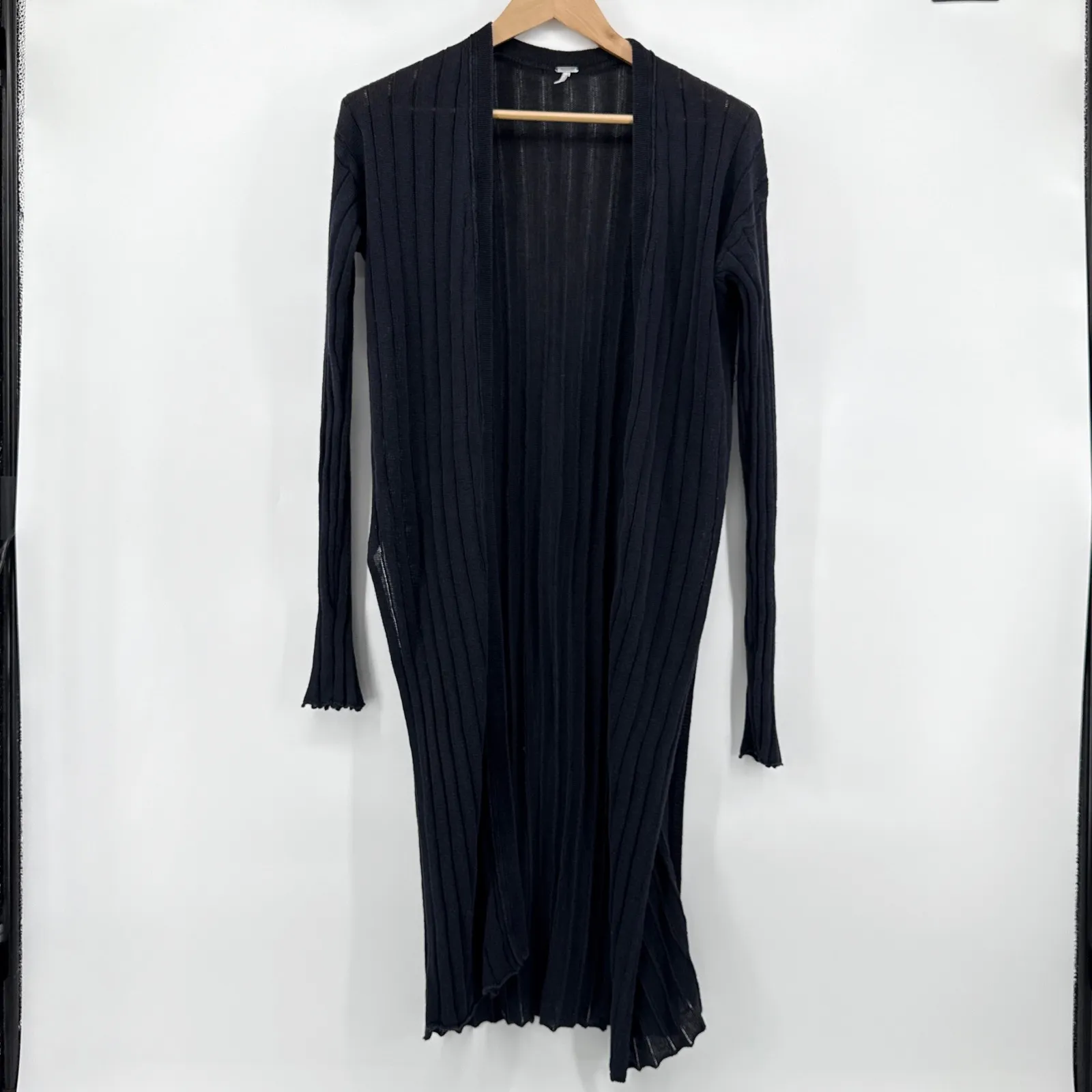 Free People Ribby Rib Maxi Cardigan Sweater Duster Long Sleeve Slit Medium Black - Image 3