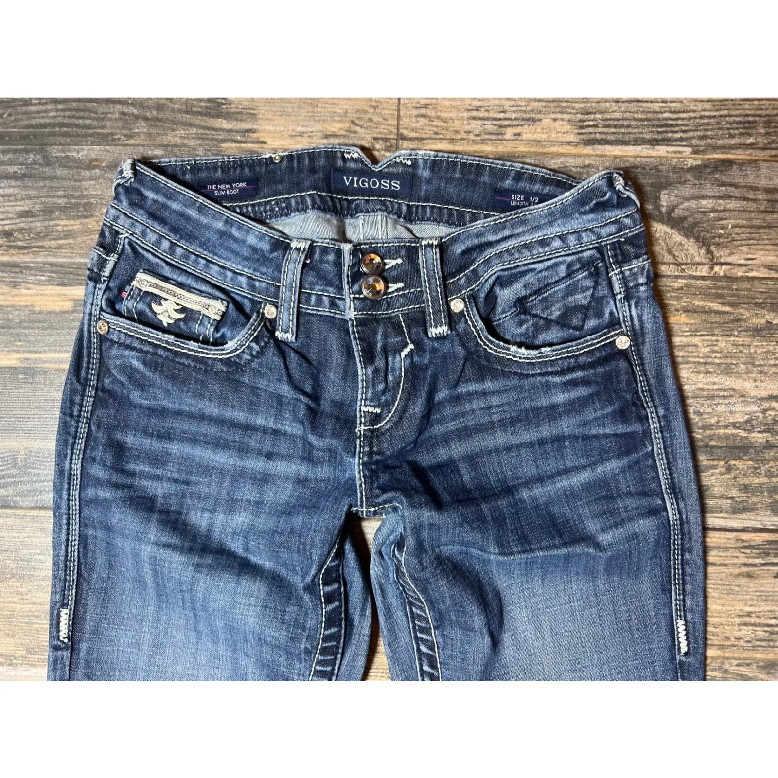 Vigoss The New York Slim Boot Embellished Pockets Jeans Size 1/2 Bling Rodeo‎ - Image 11