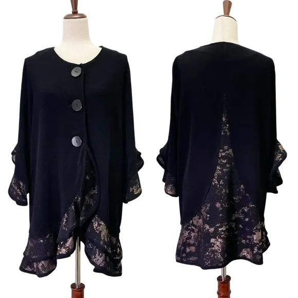 Vintage Ali Miles Lagenlook Ruffle Trim Black & Gold Jacket Topper Size Large - Image 2