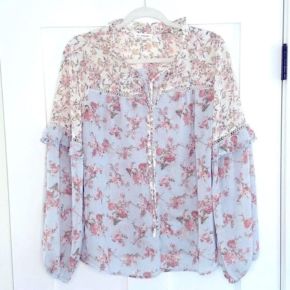 213. Blu Pepper Blue and Pink Floral bohemian style Blouse - Image 2