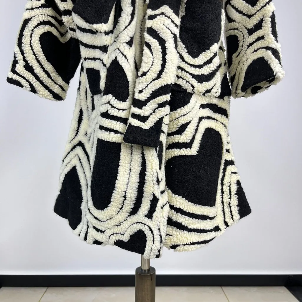 NWT Farm Rio Wool Blend Wild Hearts Tie-Belt Fleece Coat Size XL Black White - Image 9