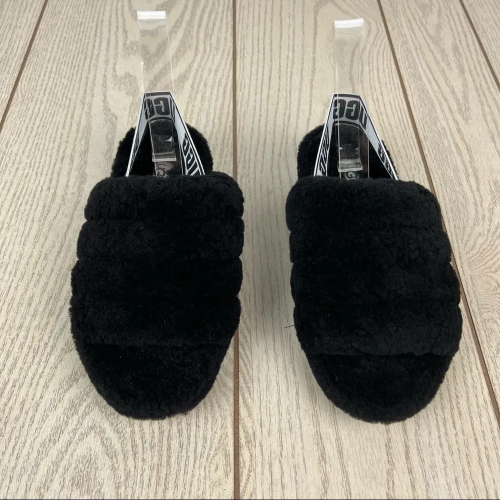UGG Fluff Yeah Logo Slide Sandal Slipper US6 Black & White $100 - Image 2