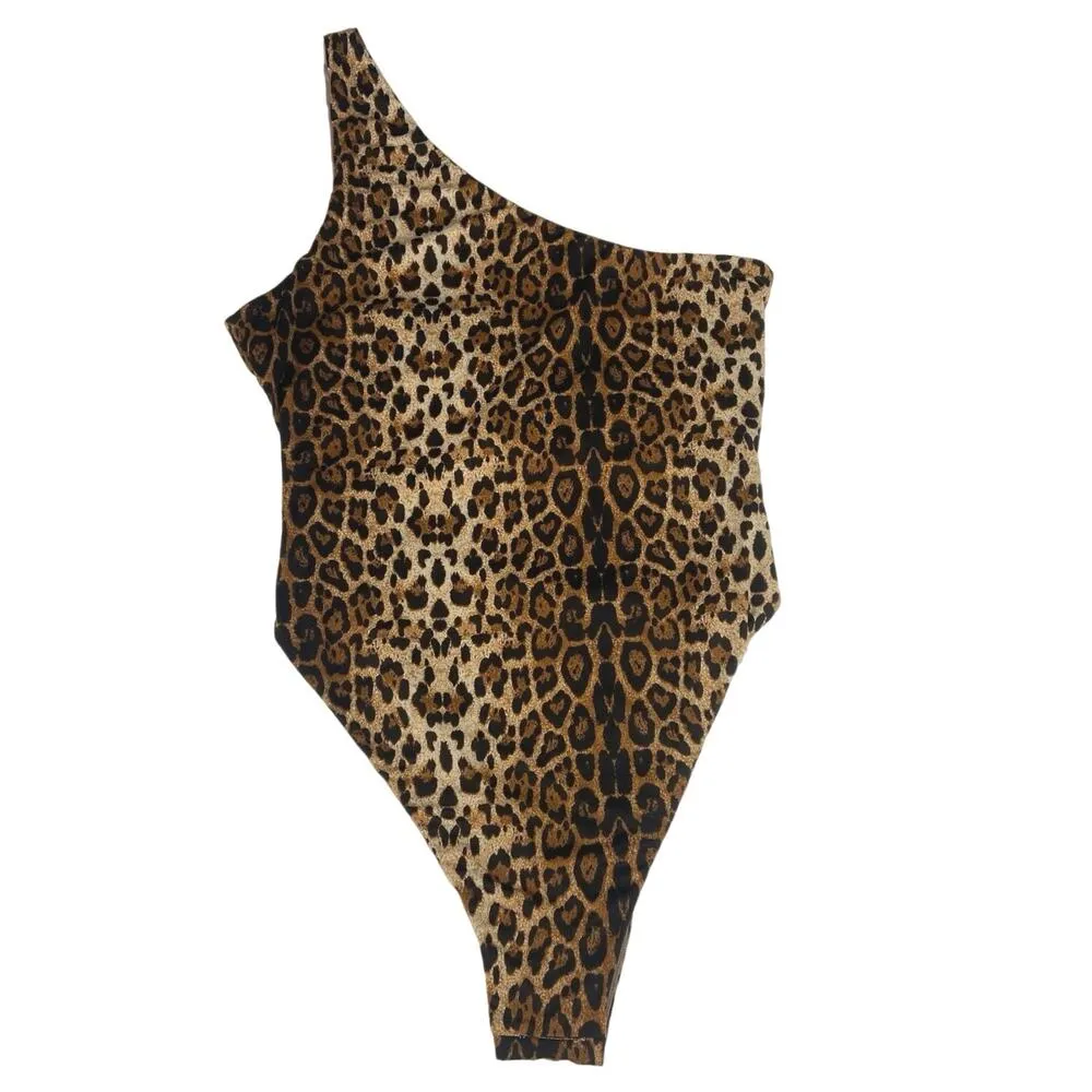 Meshki Brown Animal Leopard Print One Shoulder One Piece Bikini Swim Swimsuit M - Image 2