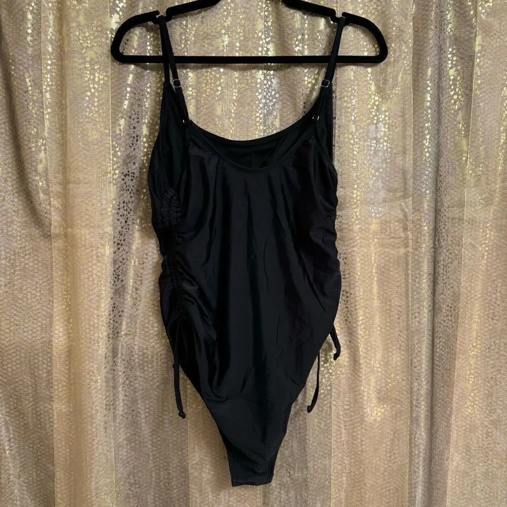 Womens Solid Black Ruched High Cut Side Tie One Piece Swimsuit XL NWOT - Image 2