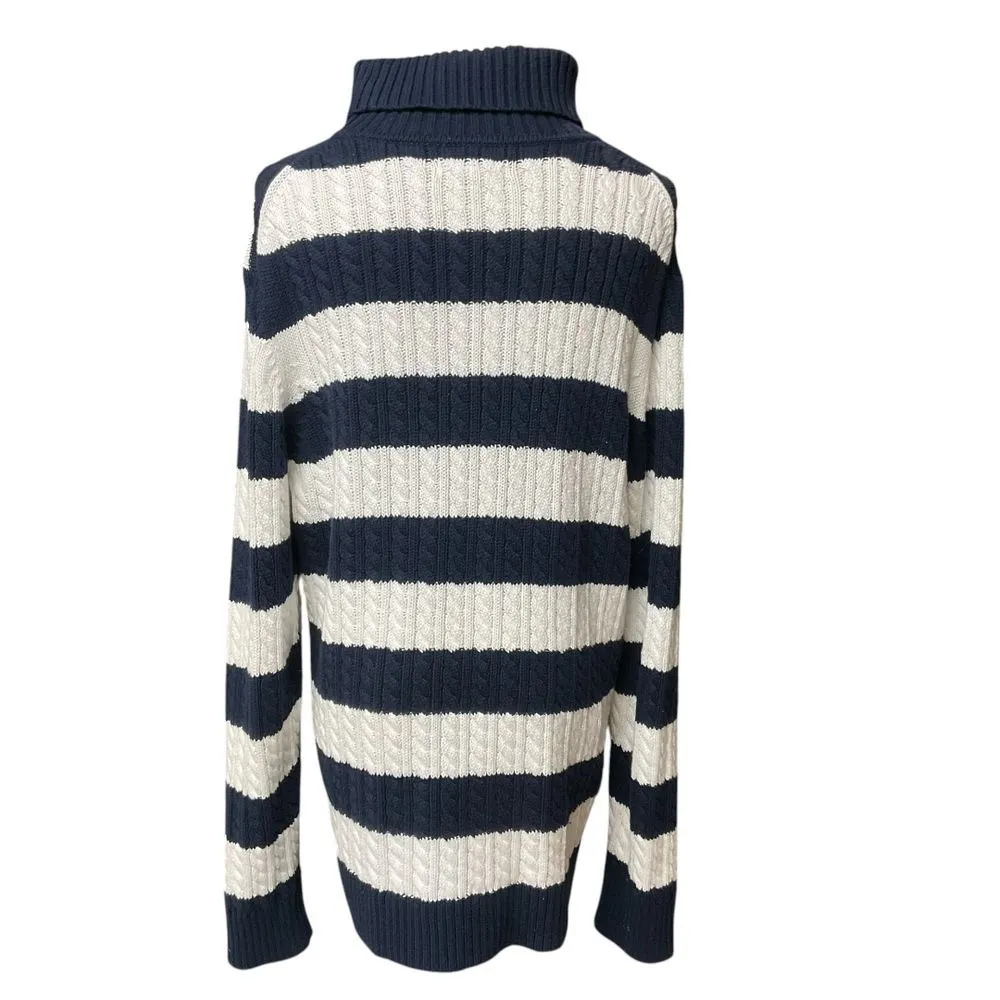 Essentials Cable Knit Turtleneck Sweater Navy Blue White Striped‎ Size XL Cozy - Image 5