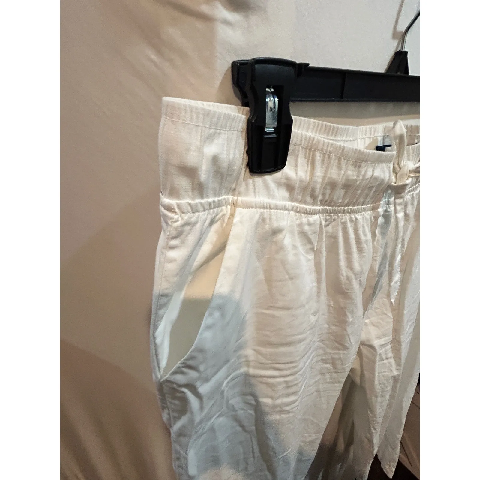 White Cropped Linen Blend Pants Elastic Waist Drawstring Casual Comfy Trousers - Image 2