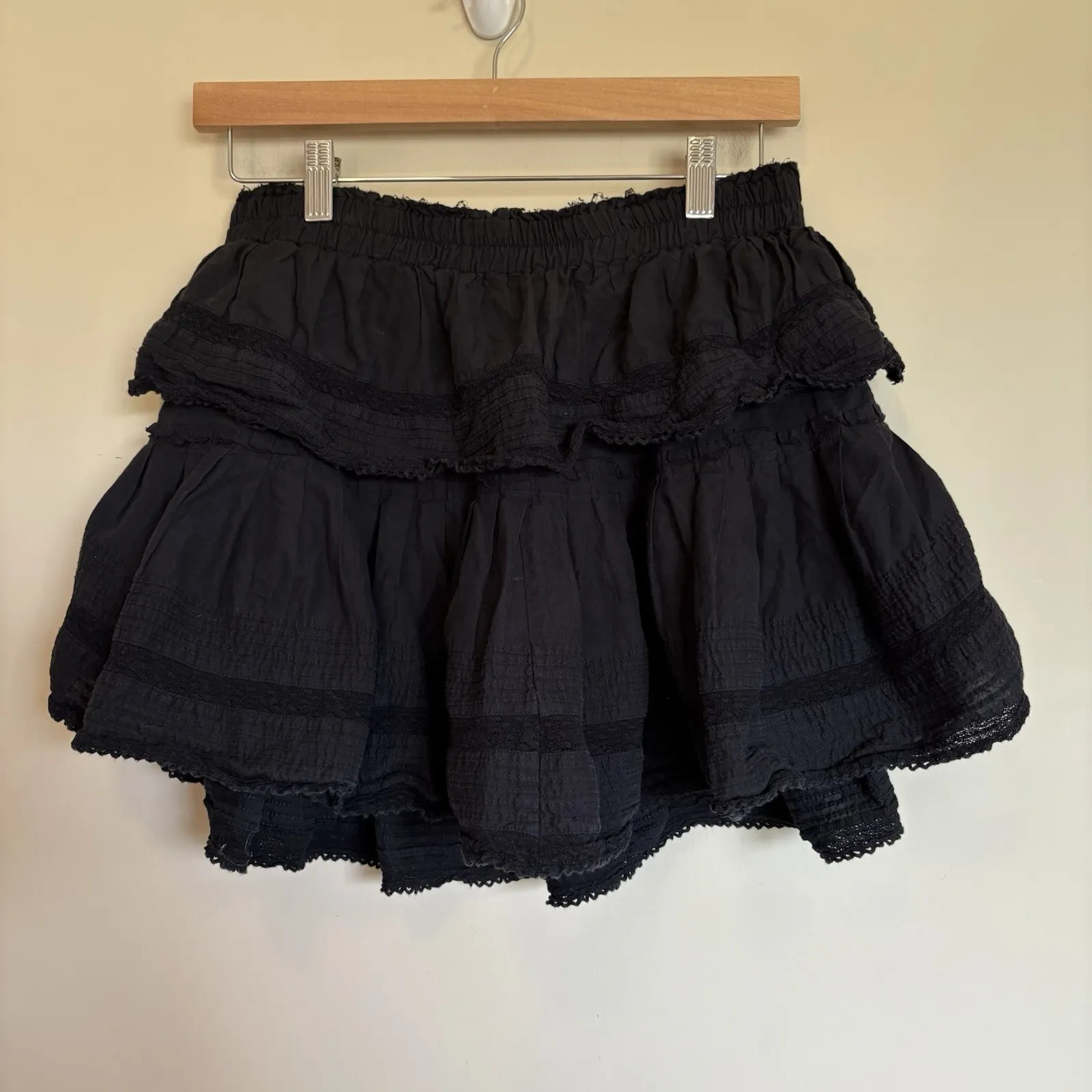 Love Shack Fancy Smocked‎ Waist Ruffle Tiered Mini Skirt Black Size Large - Image 2