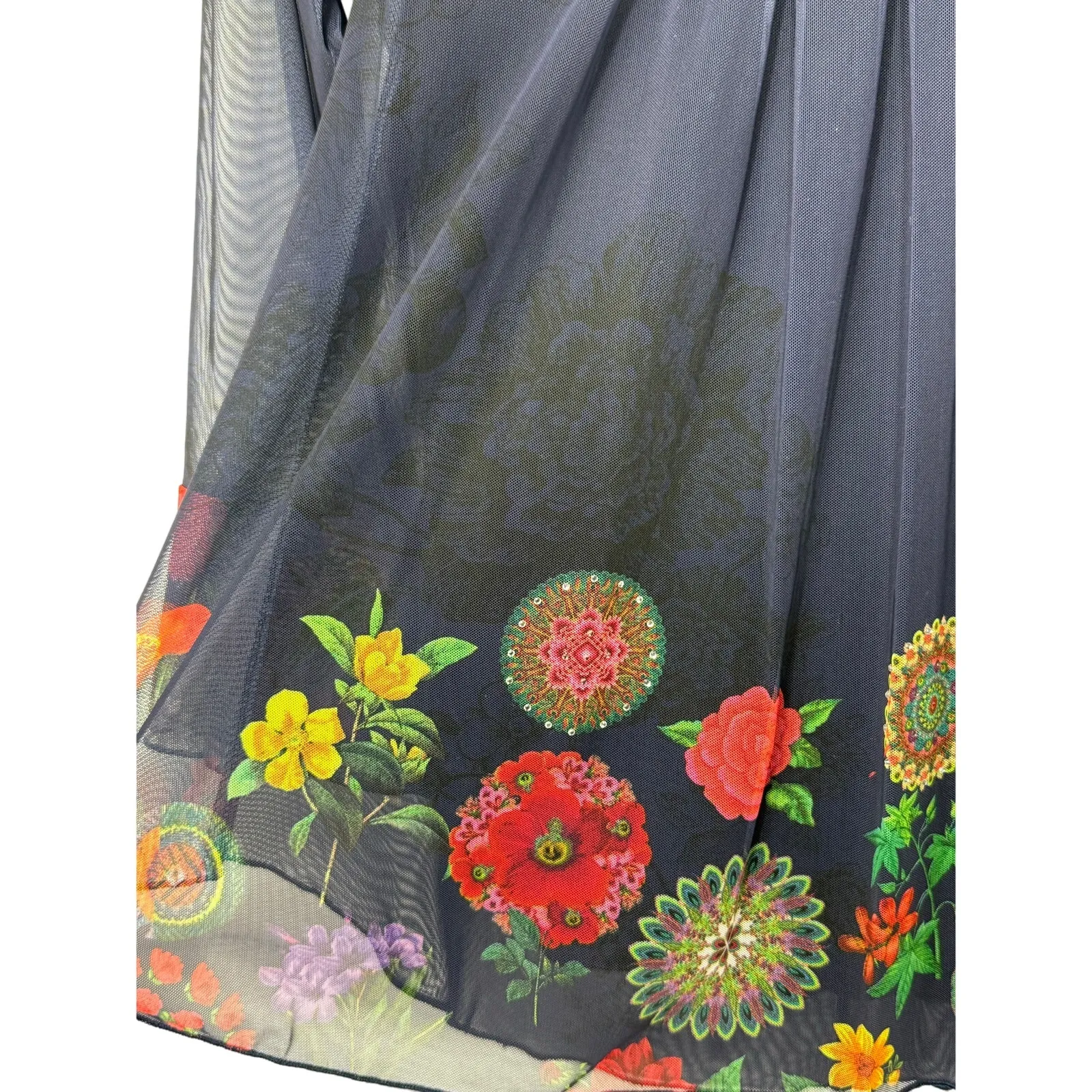 Desigual Navy Sheer Mesh Floral Blouse Top XS Long Sleeve Boho Artsy Festival - Image 5