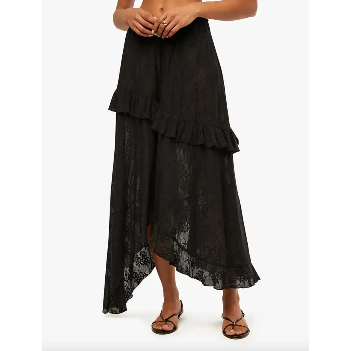 WeWoreWhat Ruffle Midi Lace Skirt Asymmetrical Hem Sheer Boho Black XXS NWT - Image 3