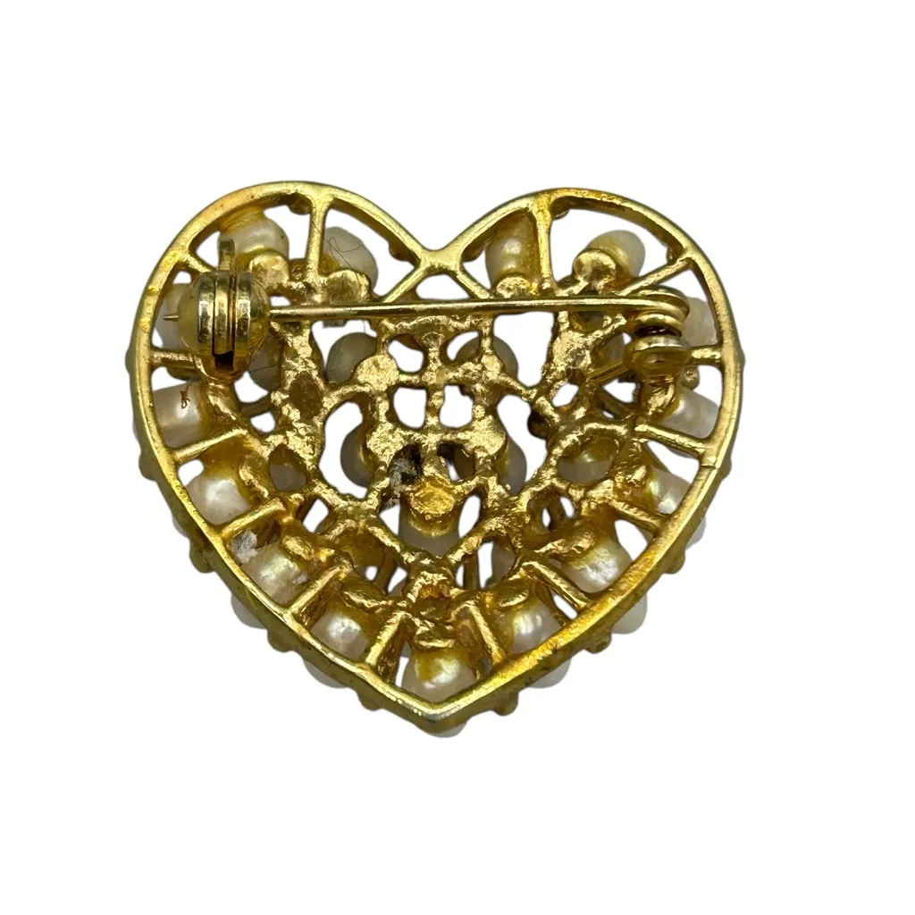 Vintage Gold Tone Heart Pearl Cluster Brooch | 1950s White - Image 5