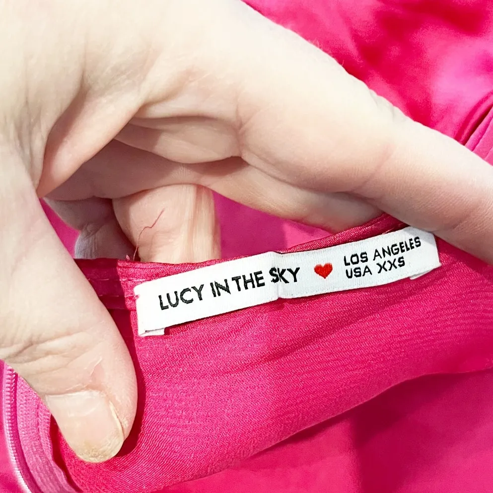 Lucy In The Sky Plunge Tie Back Ruffle Slit Satin Maxi Dress Gown Pink XXS - Image 3