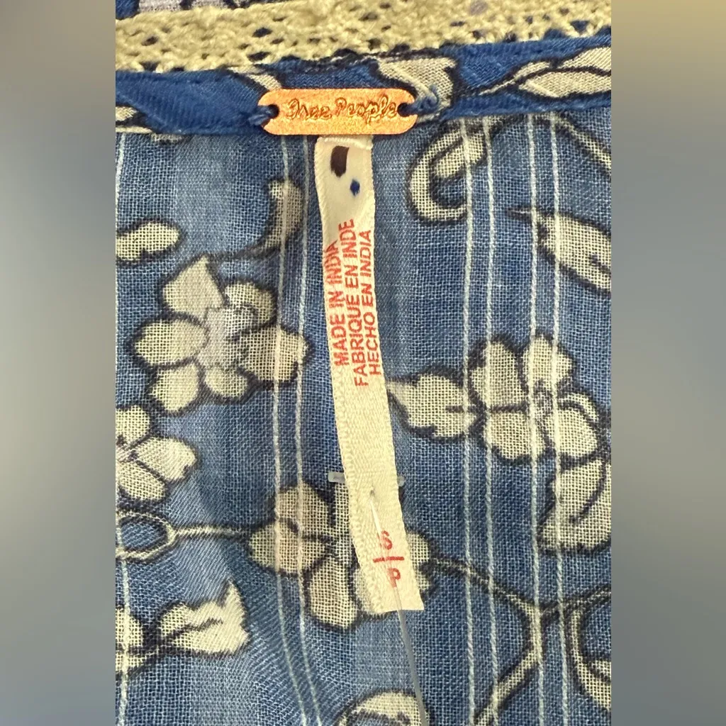 Free People Call Me Baby Long Sleeve Blouse Lace Smocked Blue Floral‎ Top S New - Image 8