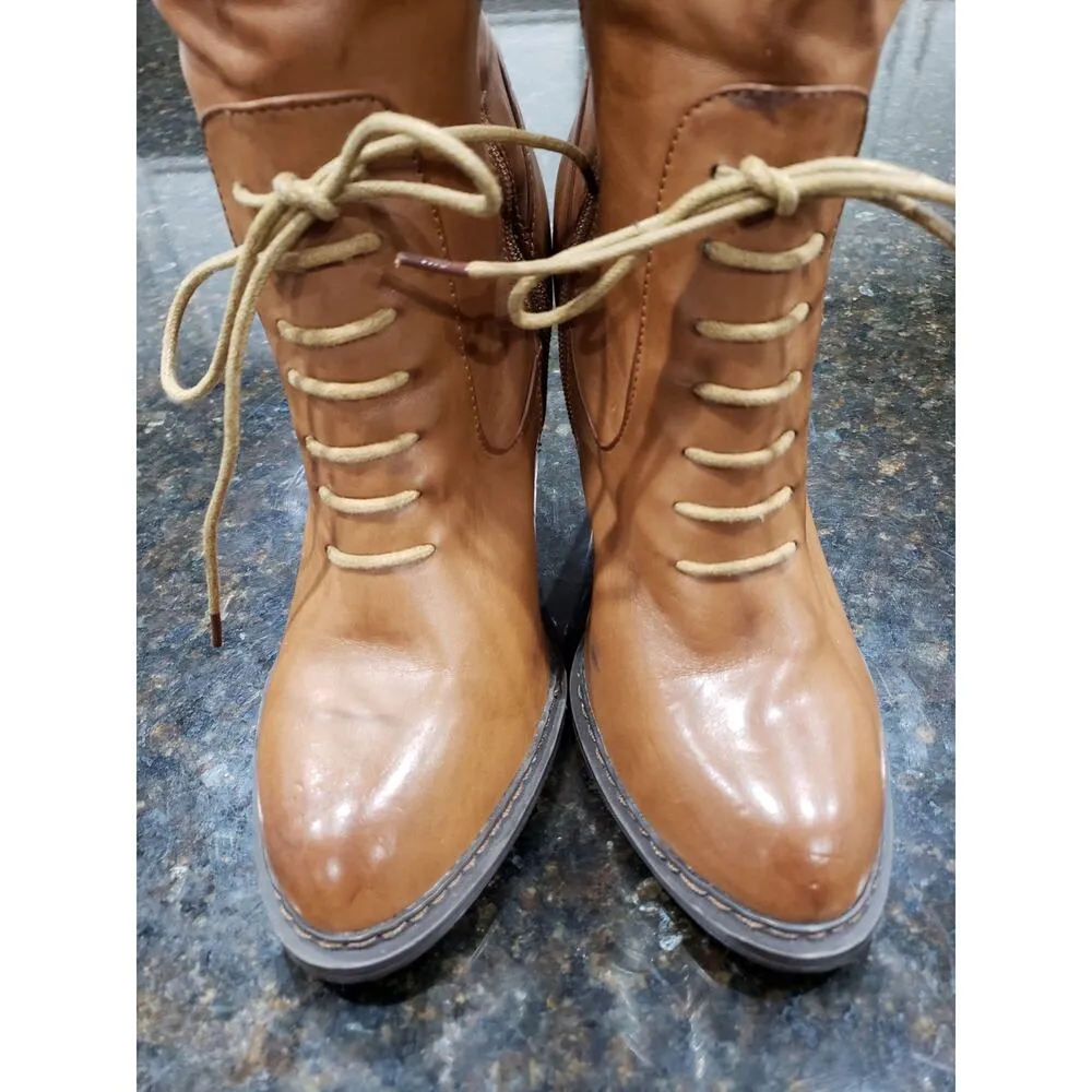 Sophia & Lee Knee High Boots Womens 8 Brown Faux Leather Round Toe Lace Side Zip - Image 2