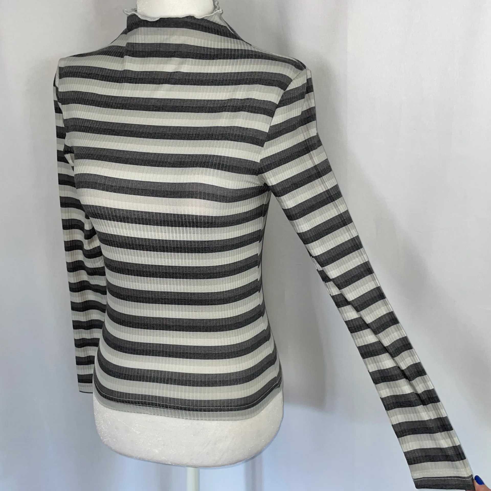 New  Striped Ribbed Mock Neck Long Sleeve Top Grey Multi - Image 8