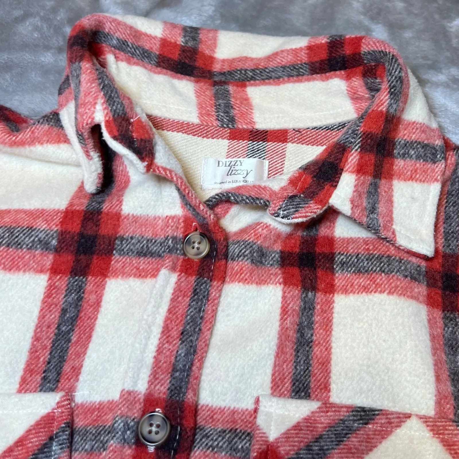 Dizzy Lizzy Flannel Shirt Jacket Womens Medium Plaid Button Up Layering Shacket Red - Image 5