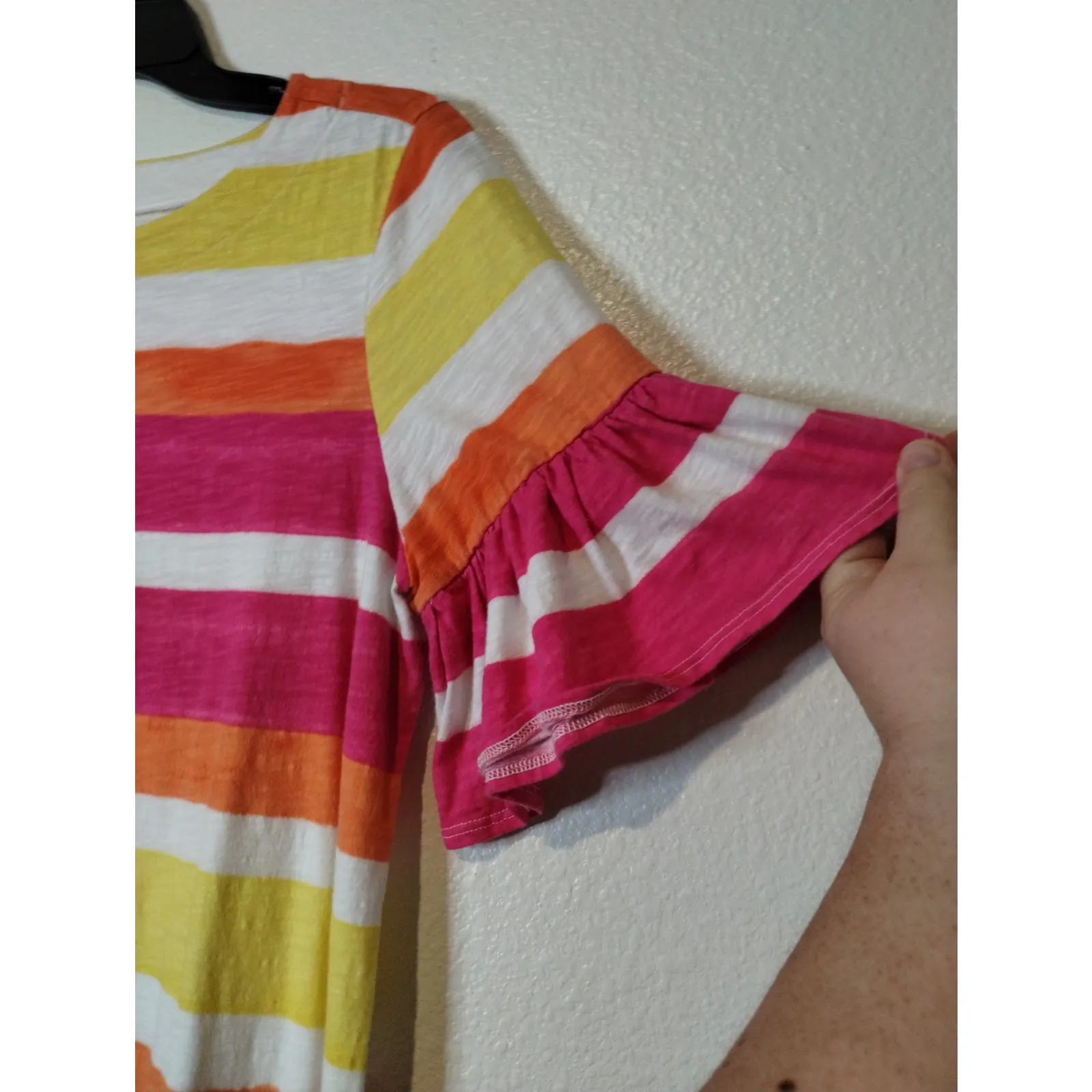 Chicos Size M (1) Colorful Striped Slub Cotton Flounce Ruffle Short Sleeve Dress - Image 4