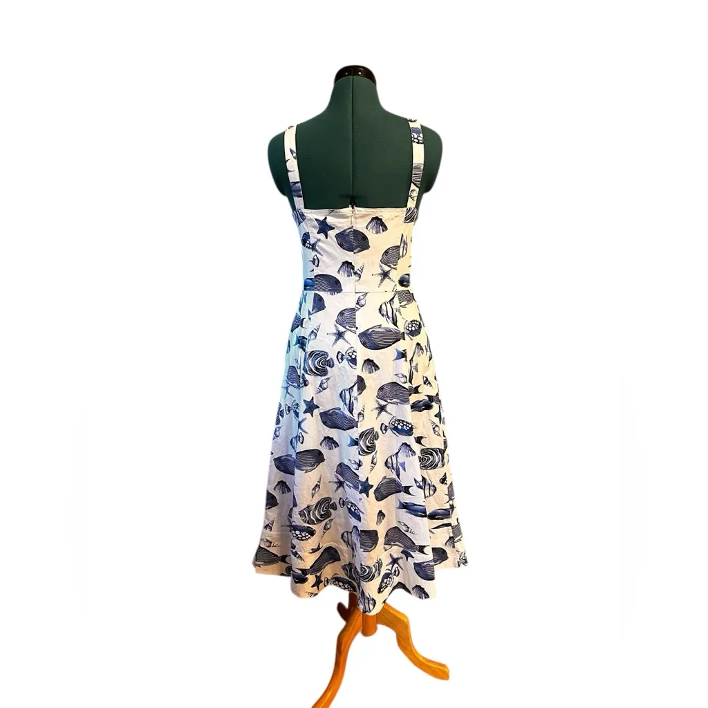 Avec Les Filles Sea Stars Fish A Line Cotton Blend White Blue Midi Dress Size 14 - Image 2