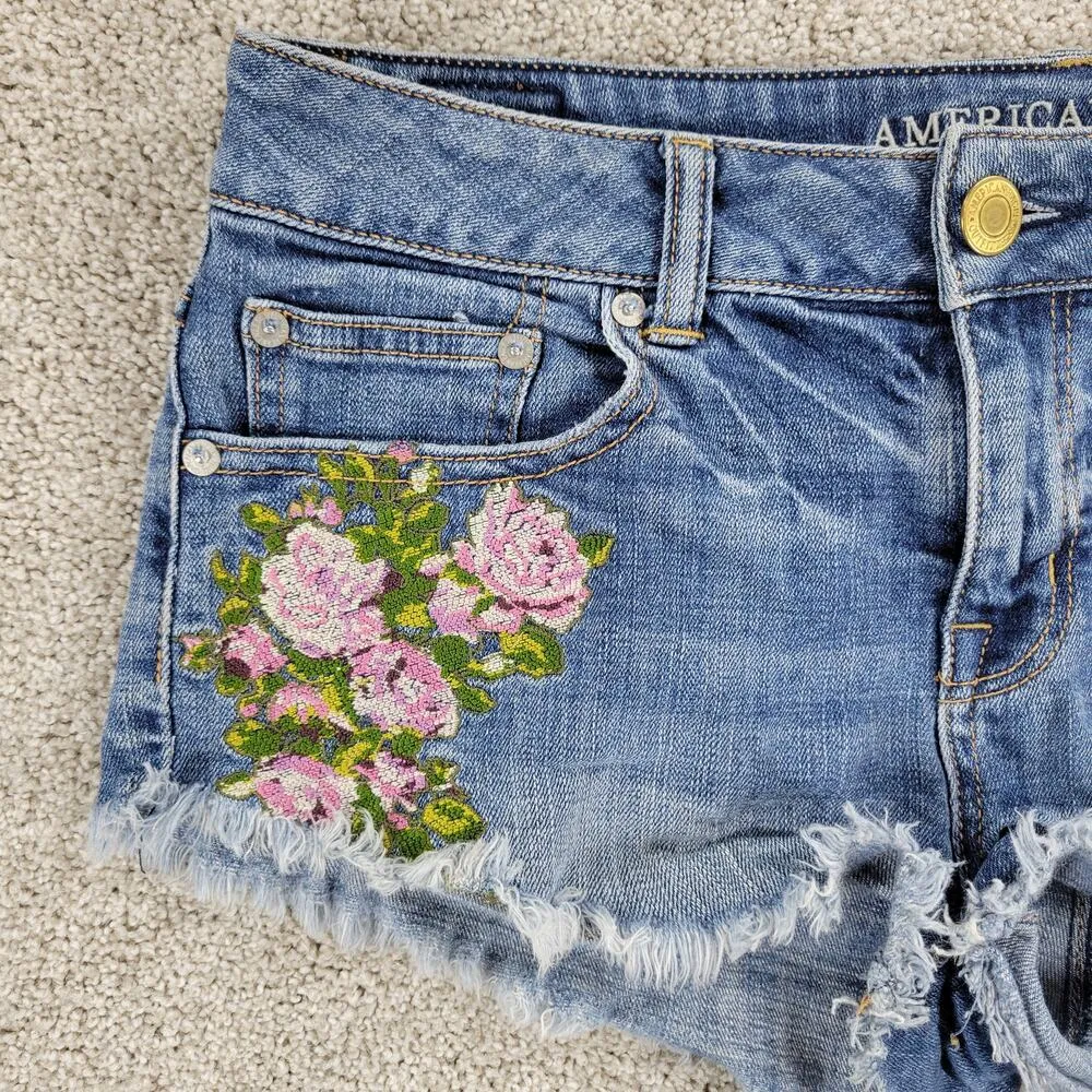 American Eagle Women Cutoff  Jean Shorts 4 Blue Stretch Denim Floral Embroidered - Image 12
