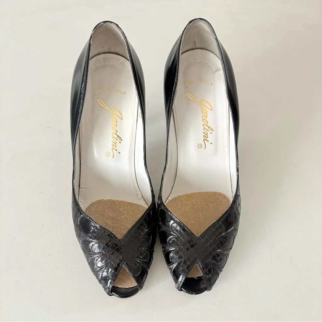 Garolini Womens Black Leather Y2K Peep Toe Pump High Heels Size 6.5 M Made ITALY - Image 2