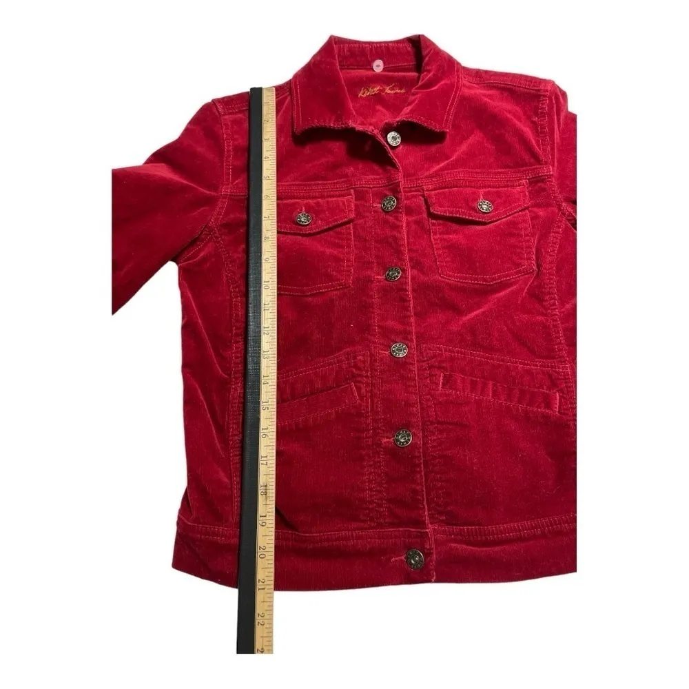 Kikit Jeans Red Corduroy Jacket Size M Button Front Adjustable Back Belt Style - Image 10
