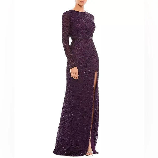 Mac Duggal 5056 Long Sleeve Beaded Dress in Aubergine, Size 16, NEW w/Tag - Image 16