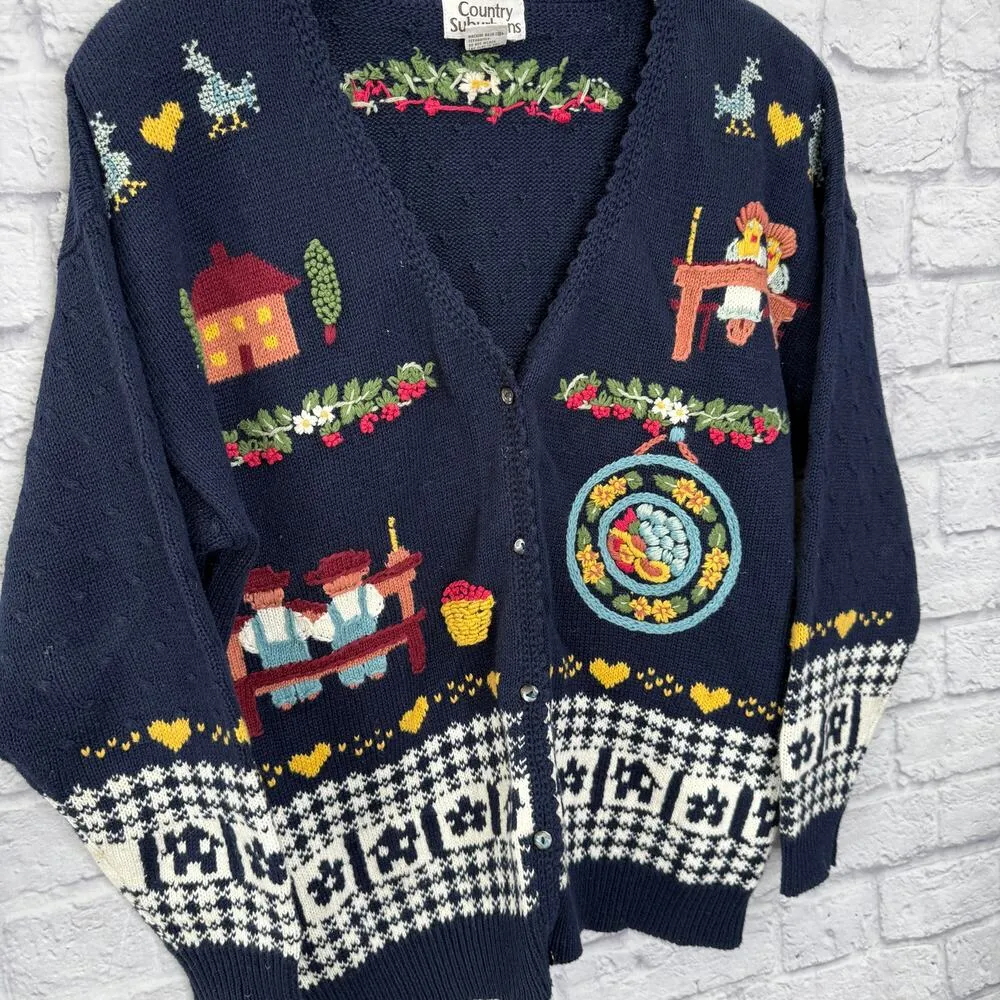 Vintage Country Suburbans Cardigan Sweater Knit Farm Chickens Blue Size L V - Image 2