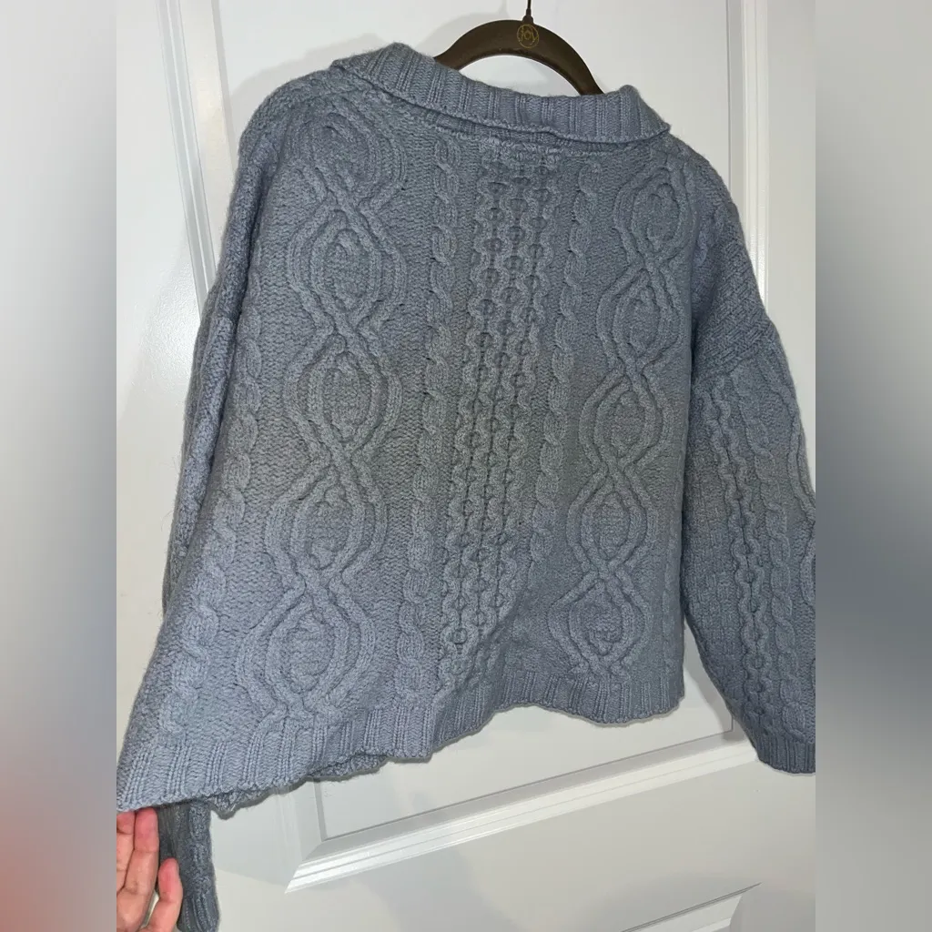 Aran Crafts Merino Wool Full Zip Fisherman Cable Knit Blue Sweater Jacket Sz L Size L - Image 6