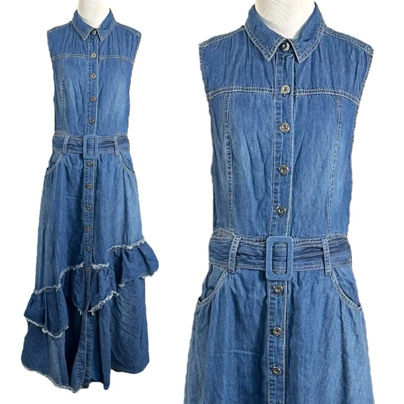 Free People Western Bohemian Ruffle Denim Midi Maxi Dress Medium Belted Cowgirl - Image 6
