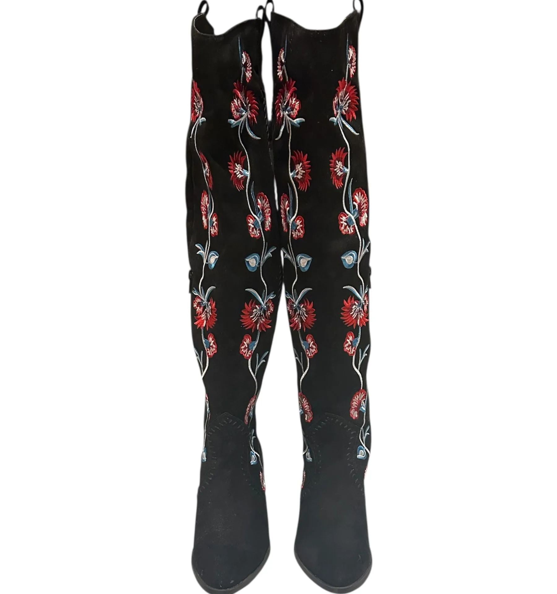 Carlos Santana Alexia Black Suede Floral Embroidered Knee High Boots 7.5 - Image 4