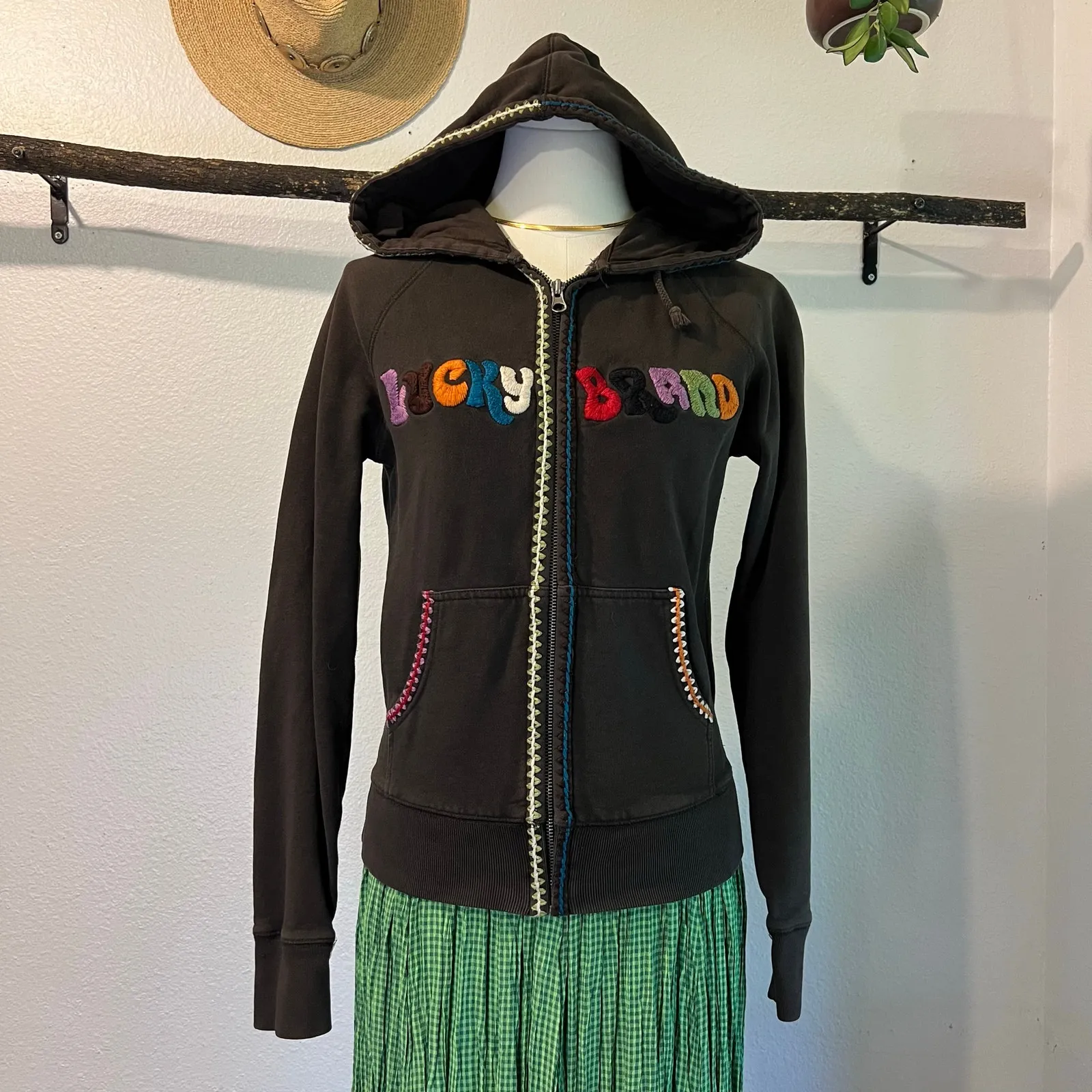 Lucky Brand Y2K Cotton Multi Colored Embroidered Zip Up Hoodie Size XS - Image 2