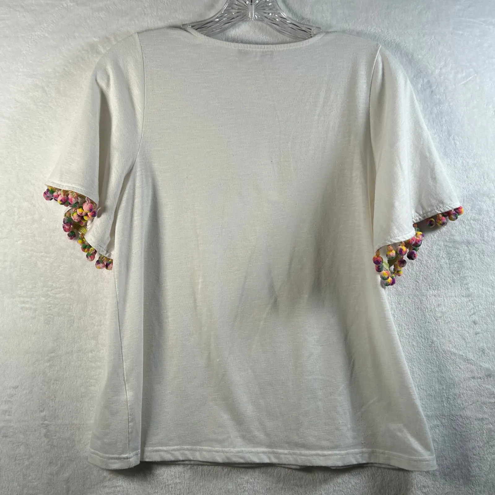 Joy Joy White Pom Pom Sleeve T Shirt Women's Size S Flutter Sleeve Casual Top - Image 2