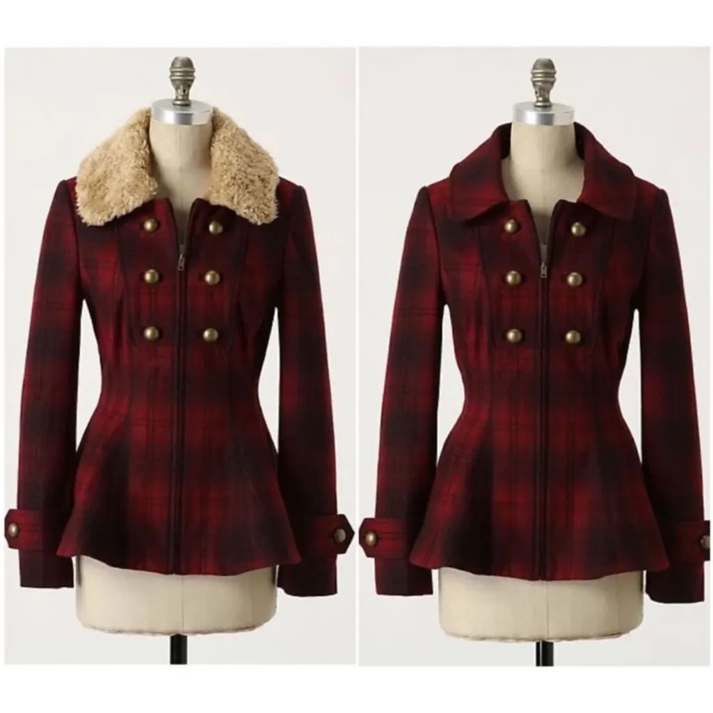 ANTHROPOLOGIE ELEVENSES
Red Plaid Fitted WOOL BLEND COAT Zip Button Womens Sz 0 - Image 2