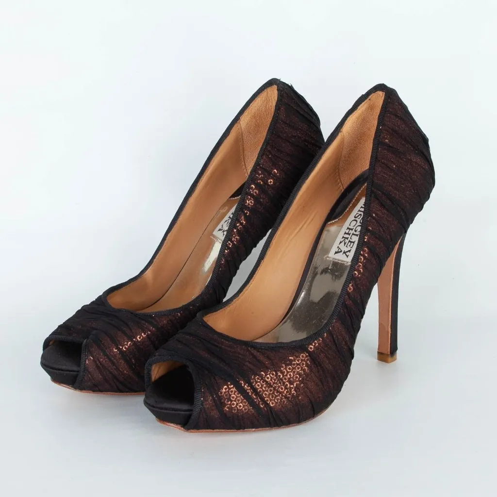 Badgley Mischka Womens Star Sequin Pumps Size 6 Bronze Black Mesh Peep Toe - Image 4