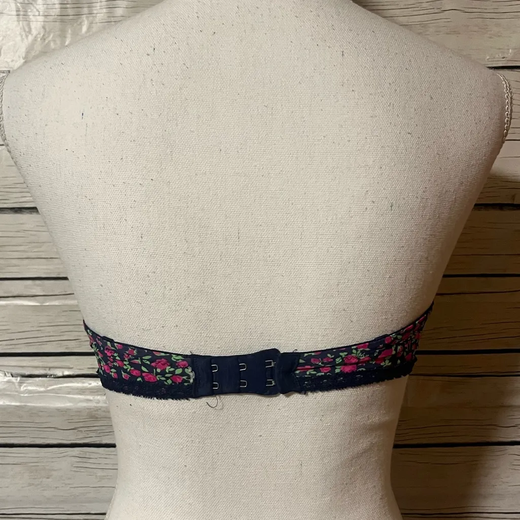 Pink Victoria's Secret Bra 34 C Multi Way Plunge Navy Blue Pink Green Roses - Image 3