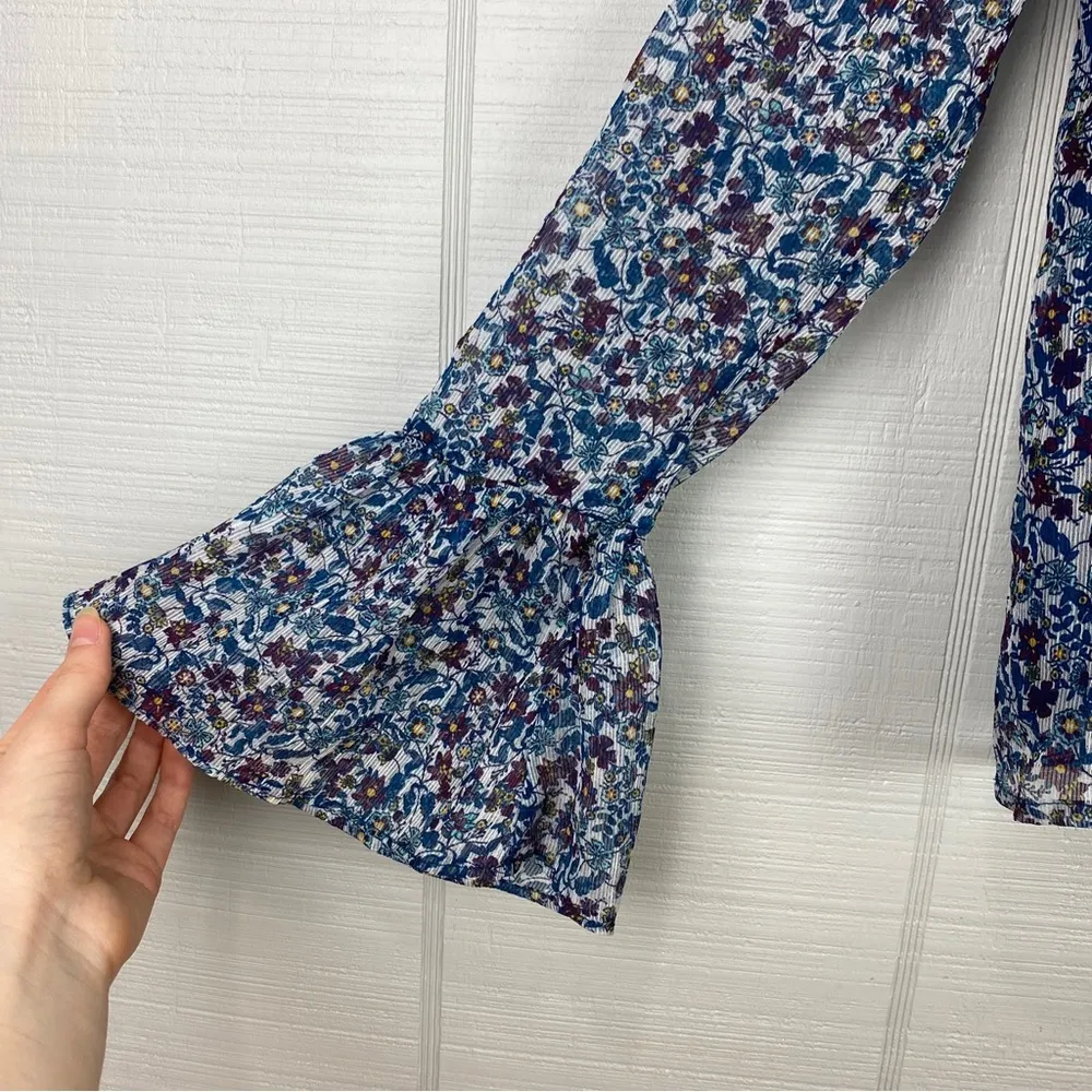 Xhilaration Blue Purple Floral Long Bell Sleeves Sheer Turtleneck Blouse Top S - Image 4