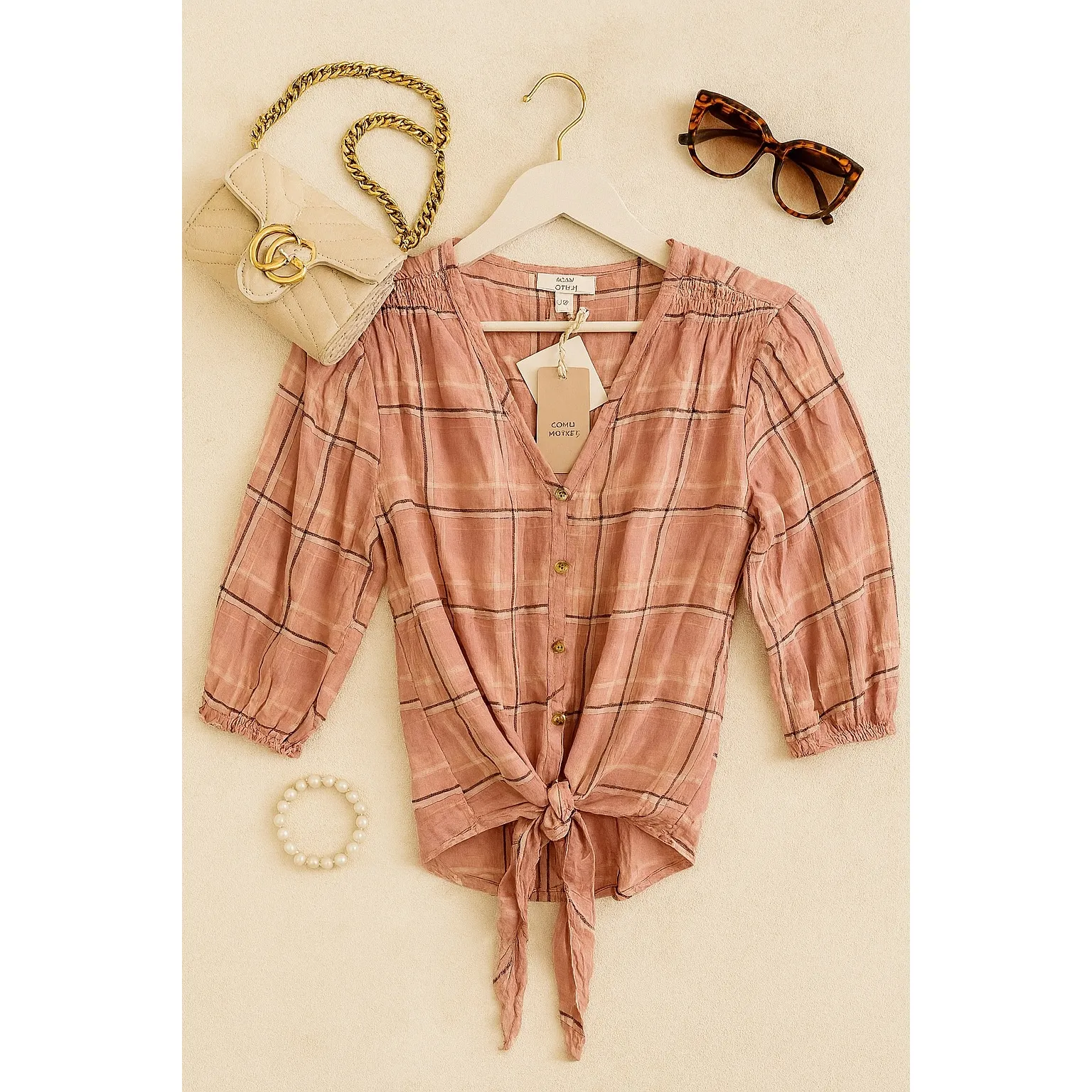 Como Vintage‎ Plaid Tie-Front Top Button Down Blouse 3/4 Sleeve XS - Image 2