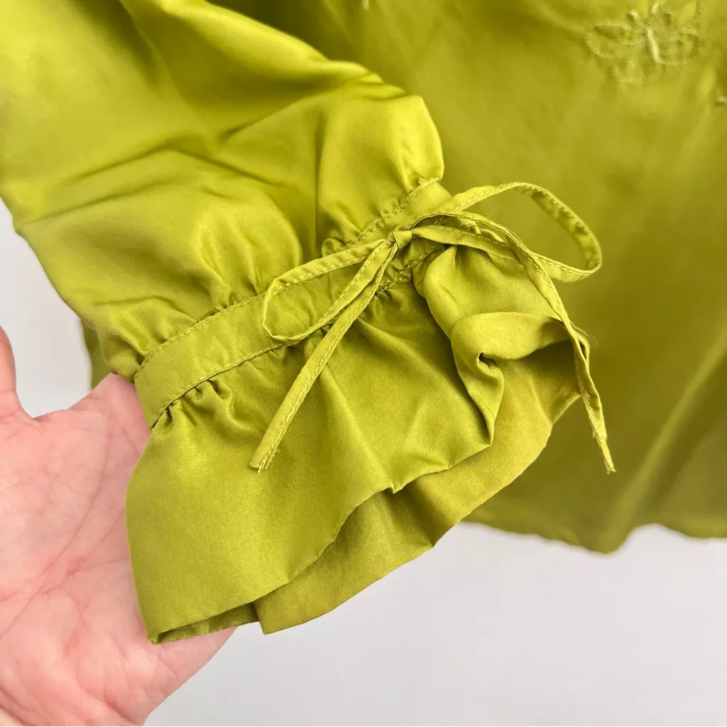 Democracy Olive sequin Embroidered butterfly 100% SILK Blouse top - Image 6